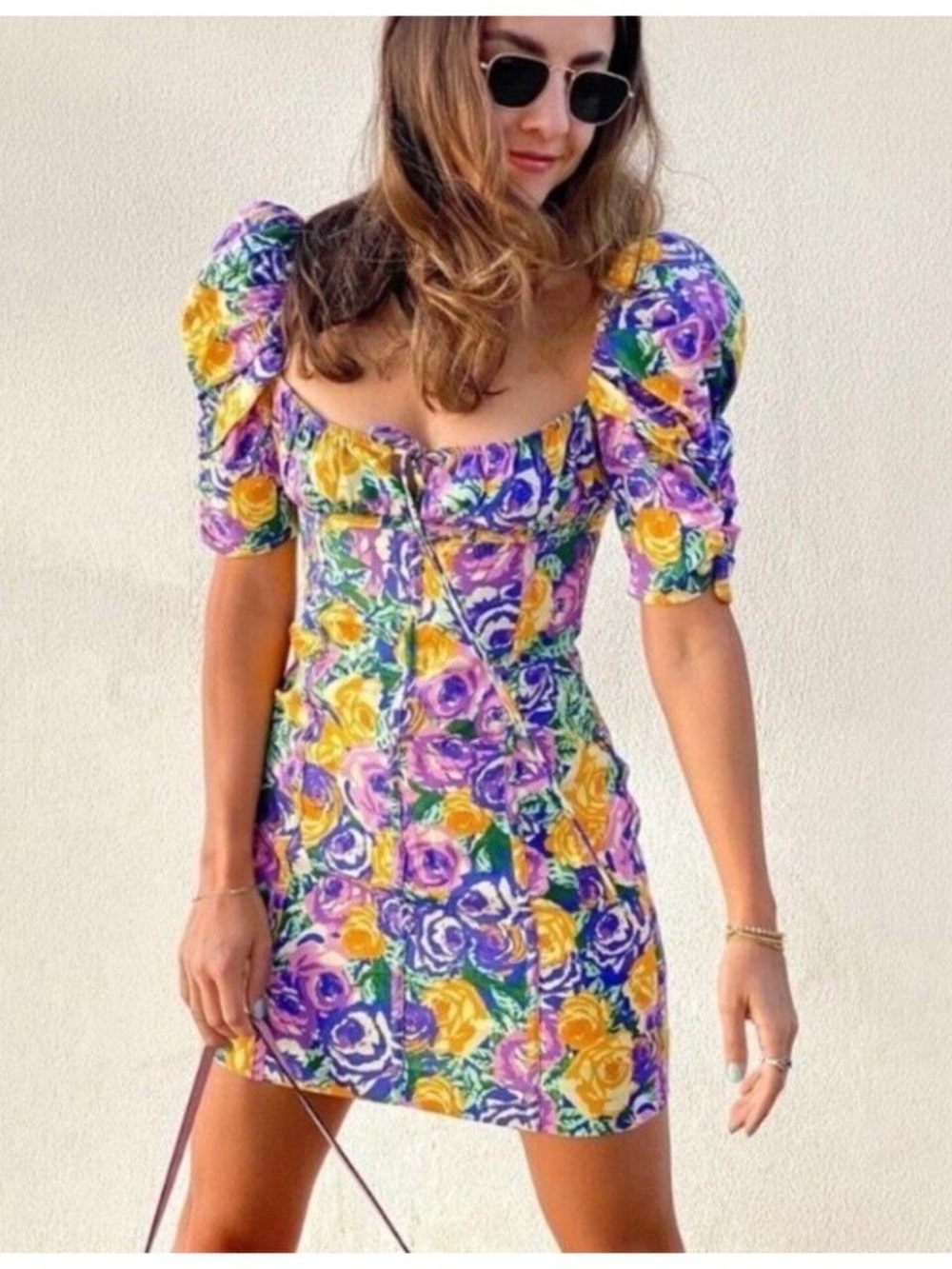 Zara Yellow & Purple Floral Puff-Sleeve Mini Dress